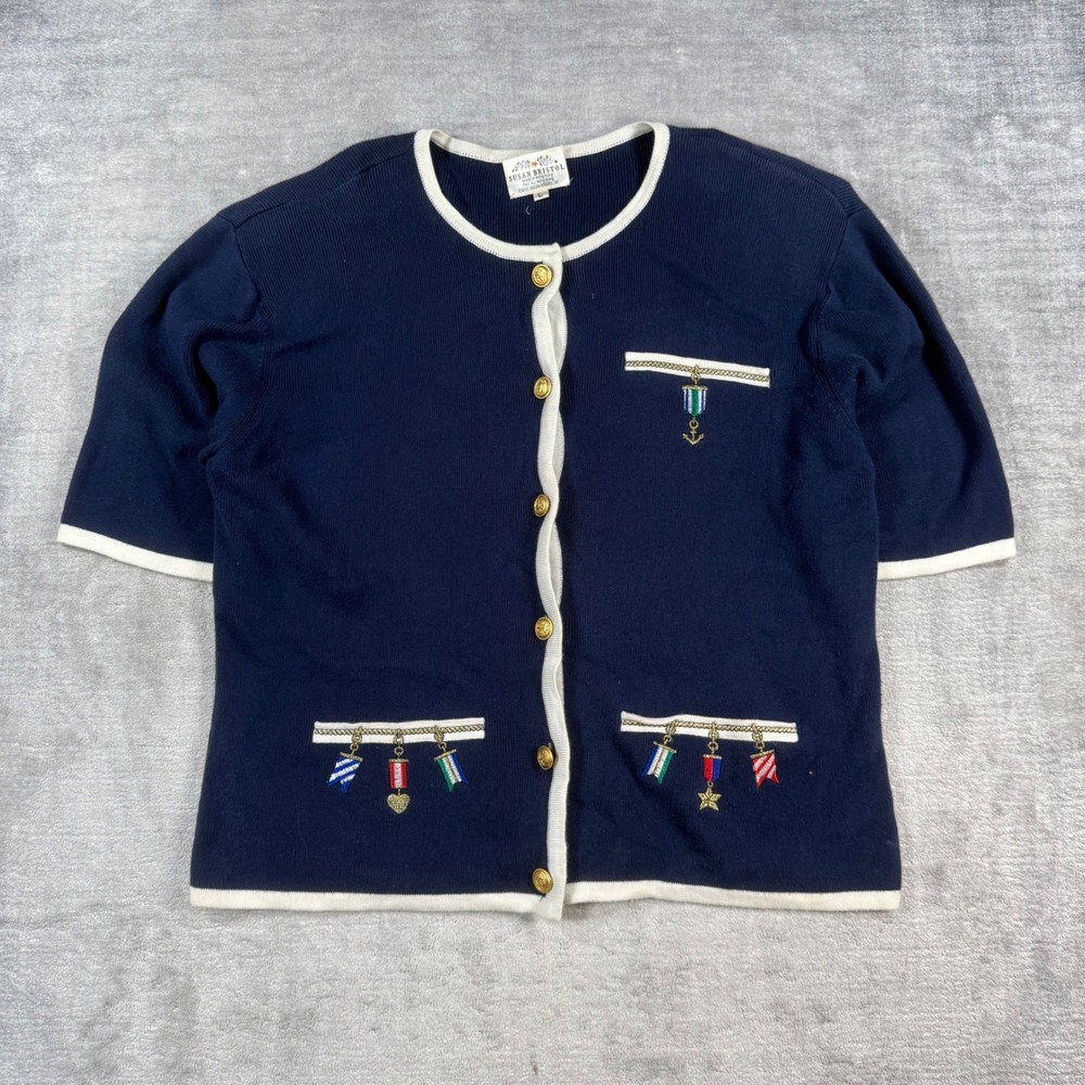 Susan Bristol Cardigan Womens Large Navy Vintage 90s Nautical Gold Button Knit